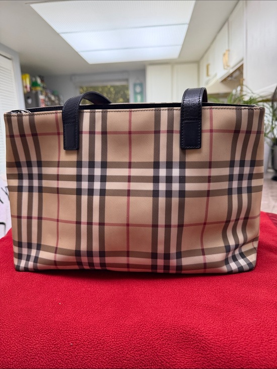 Burberry Handbags - Burberry Beige Check Tote with Black Leather Handles